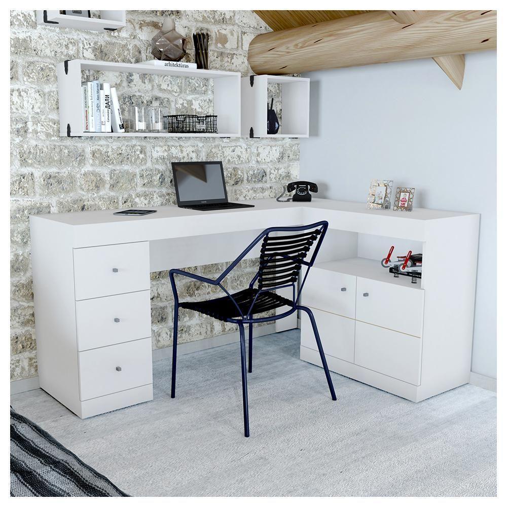 Mesa De Canto Em L Escritório Computador Job Branco Caemmun - 5
