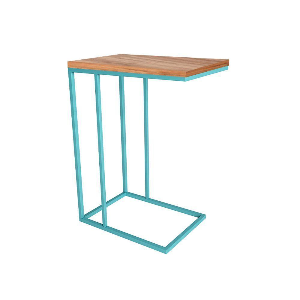 Mesa Lateral Industrial Elena Tampo Amendoa Base Ferro Azul Turquesa - Cor: Azul - 3