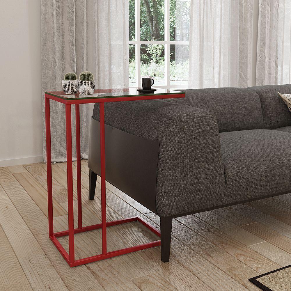 Mesa Lateral Industrial Elena De Vidro Base Ferro Vermelho - Cor: Vermelho - 1