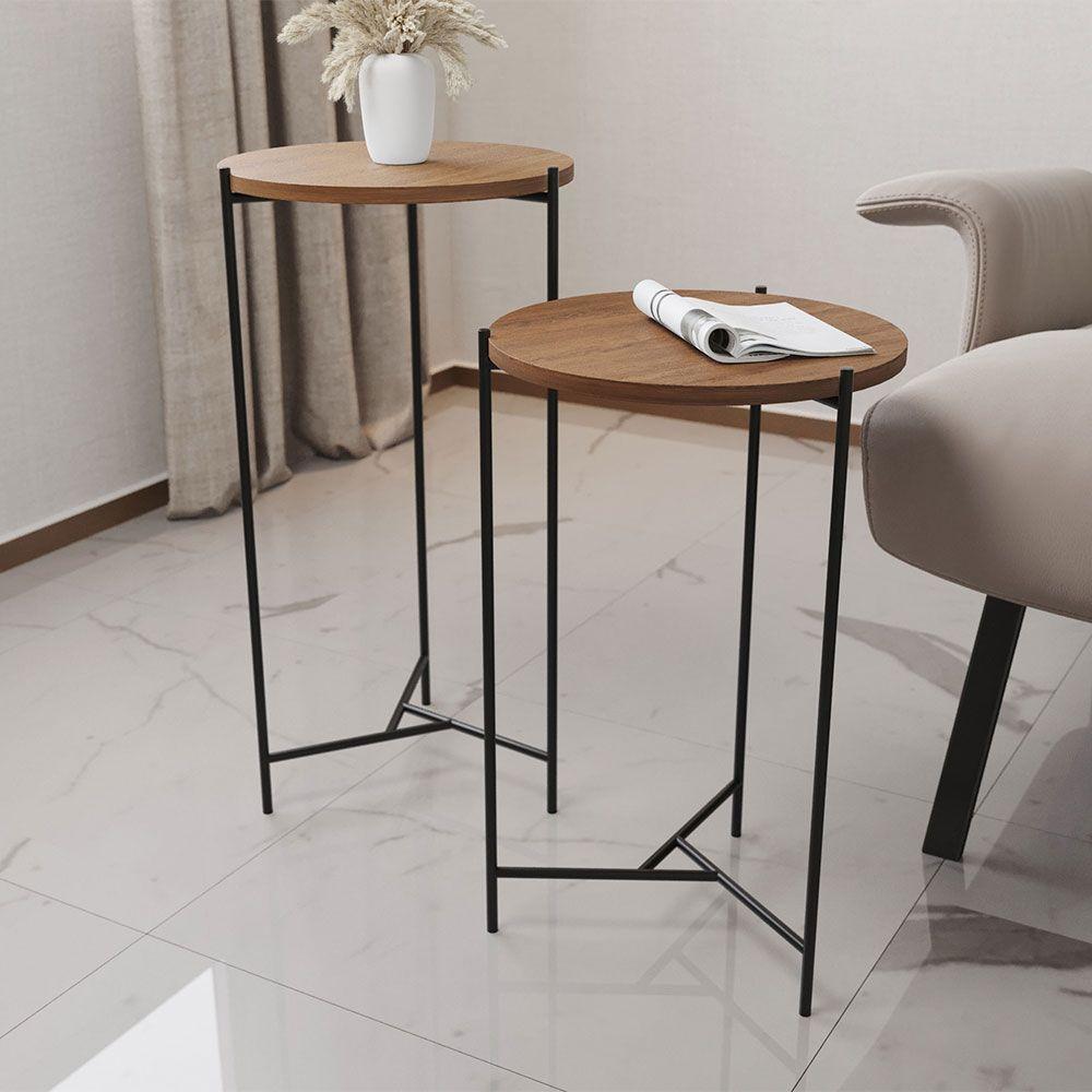 Mesa Lateral Redonda áquila Preta Tampo Imbuia - Cor: Marrom - 1