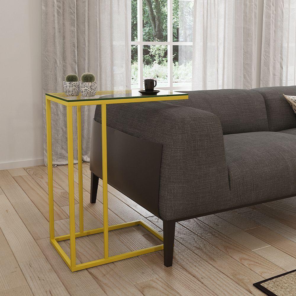 Mesa Lateral Industrial Elena De Vidro Base Ferro Amarelo - Cor: Amarelo - 1
