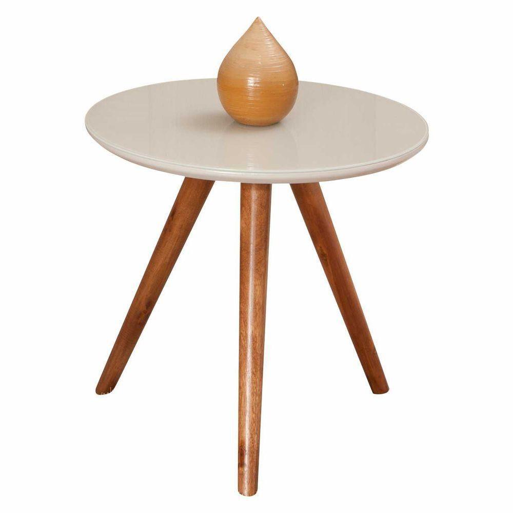 Mesa Lateral Redonda Com Vidro 40x40 Cor Off White Medida 60 Cm Altura - 1