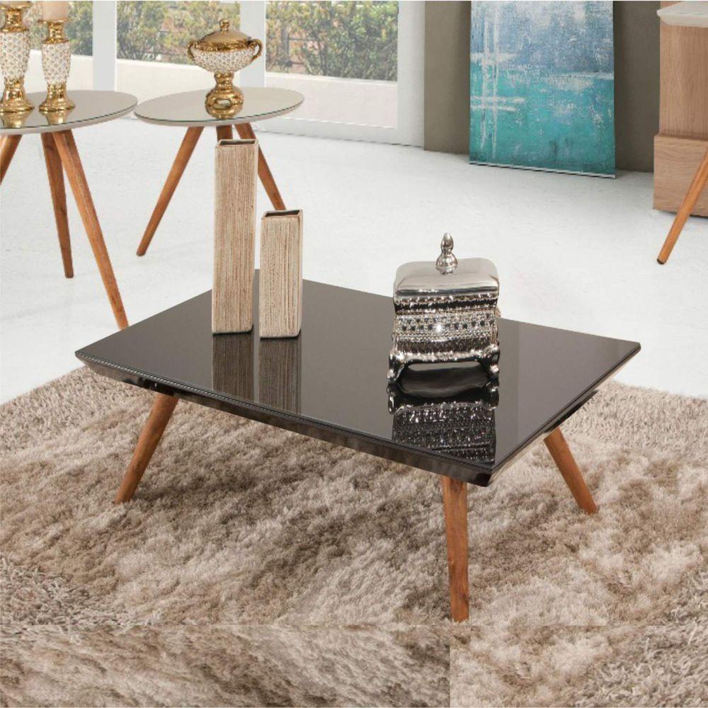 Mesa De Centro Retangular Laqueada Com Vidro Cor Preto - 1