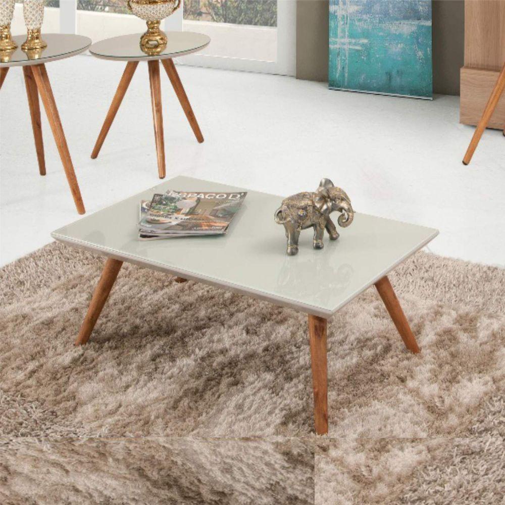Mesa De Centro Retangular Laqueada Com Vidro Cor Off White - 1