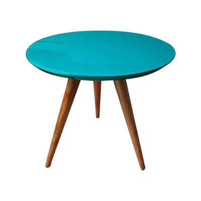 Mesa Lateral Redonda Com Vidro 50x50 Cor Azul Medida 60 Cm Altura