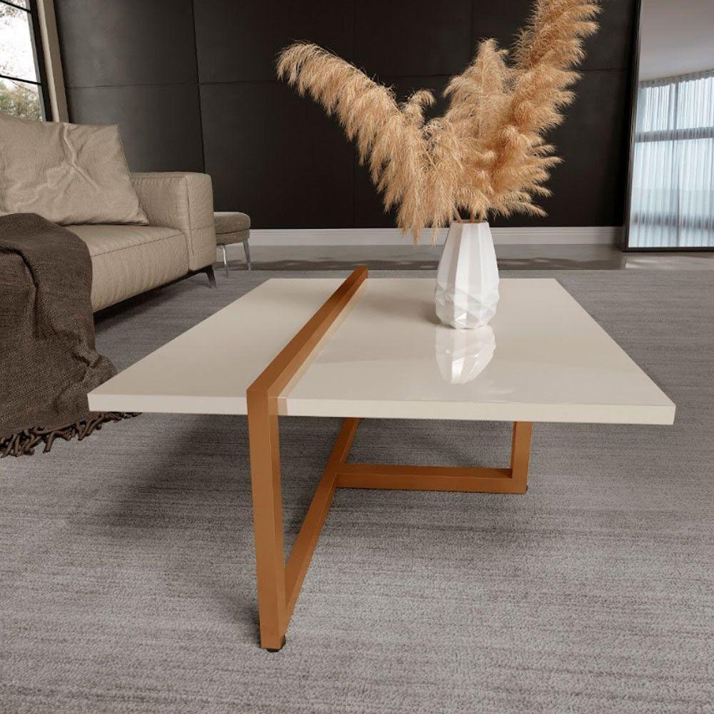 Mesa Centro Estilo Industrial Berlin Decorativa Moderna Klm Móveis Off White / Bronze - 1