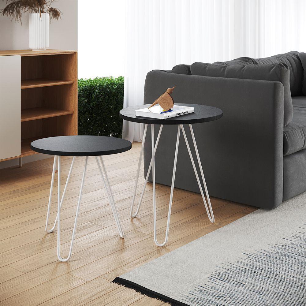 Mesa De Lateral Duo Lisboa Ferro Branco Tampo Preto Cor: Preto - 1
