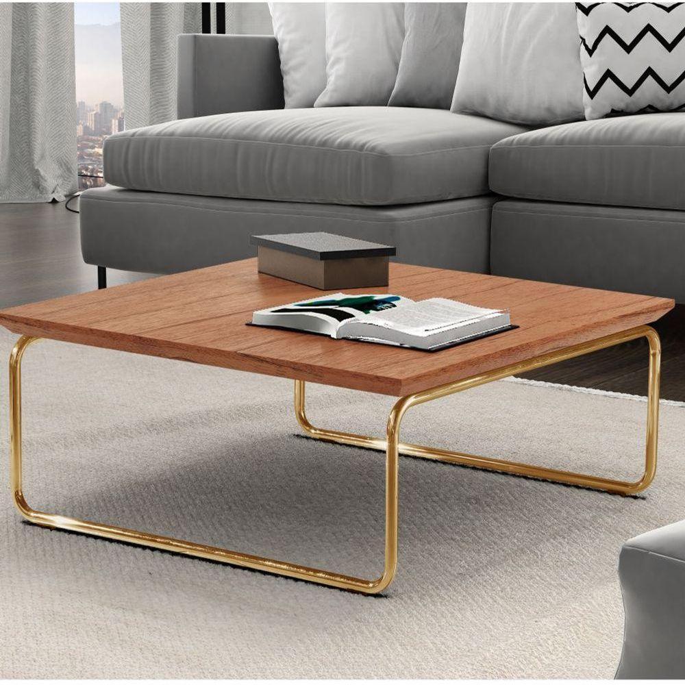 Mesa De Centro Munique 70x70 Cm Castanho Com Base Dourada - 4