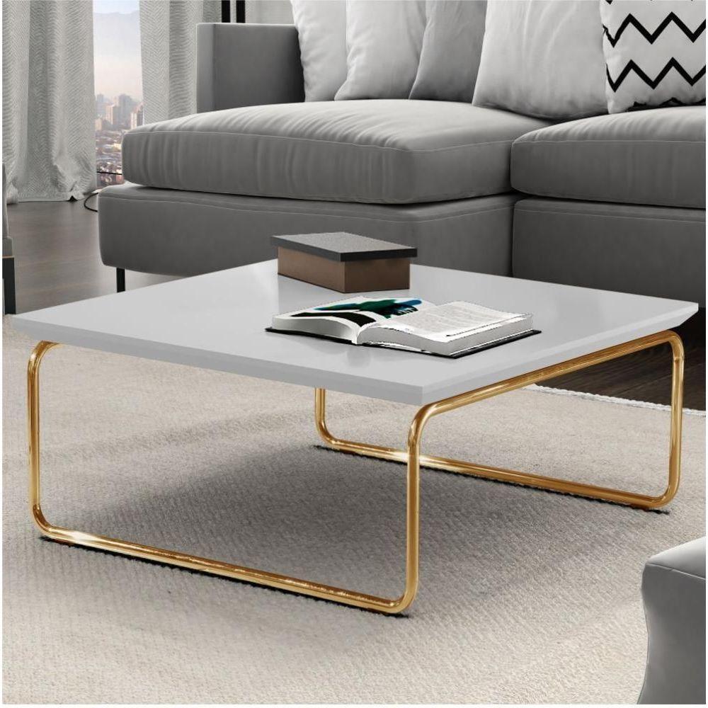 Mesa De Centro Munique 70x70 Cm Branco Com Base Dourada - 4