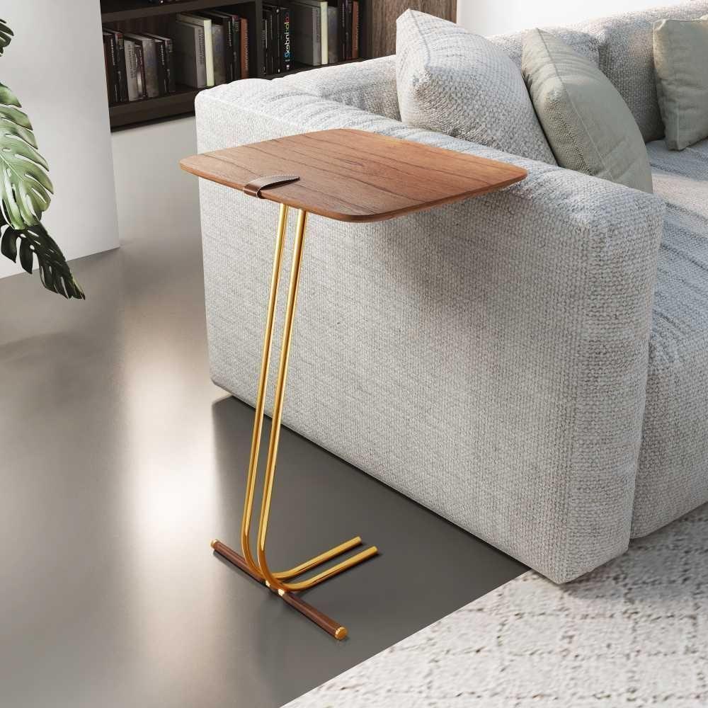 Mesa De Apoio Bandeja Castanho Base Dourada - 3