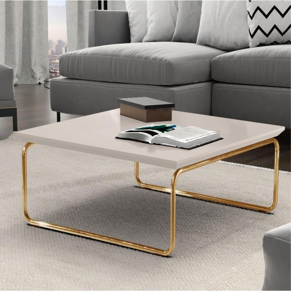 Mesa De Centro Munique 70x70 Cm Off White Com Base Dourada - 4