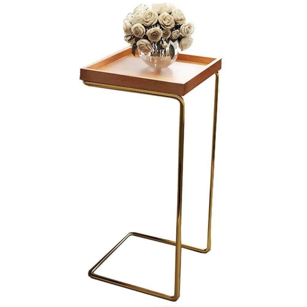 Mesa de Apoio p/ Sofá Bandeja Madeira Base Dourada - 1