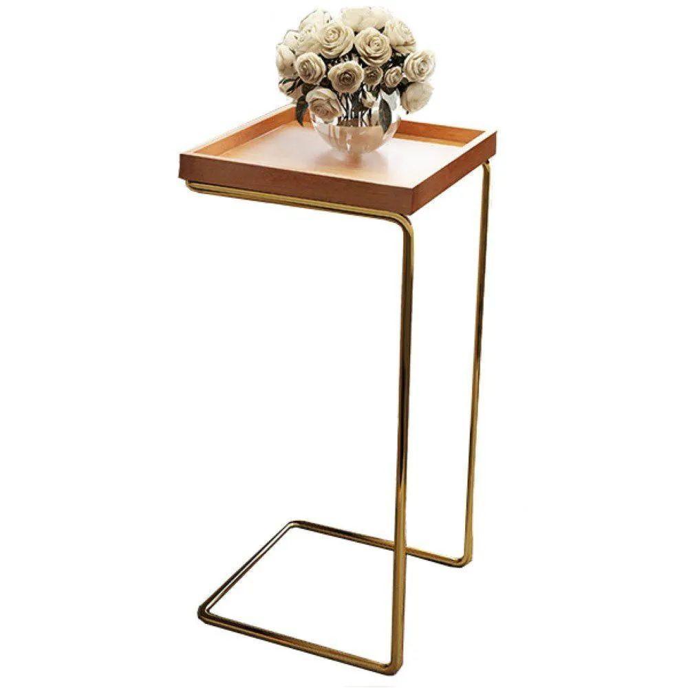 Mesa de Apoio p/ Sofá Bandeja Madeira Base Dourada - 2