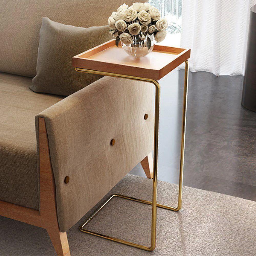 Mesa de Apoio p/ Sofá Bandeja Madeira Base Dourada - 4