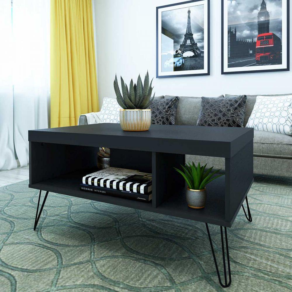 Mesa de Centro Liberty Preto com 2 Nichos e Pés Artely - 2