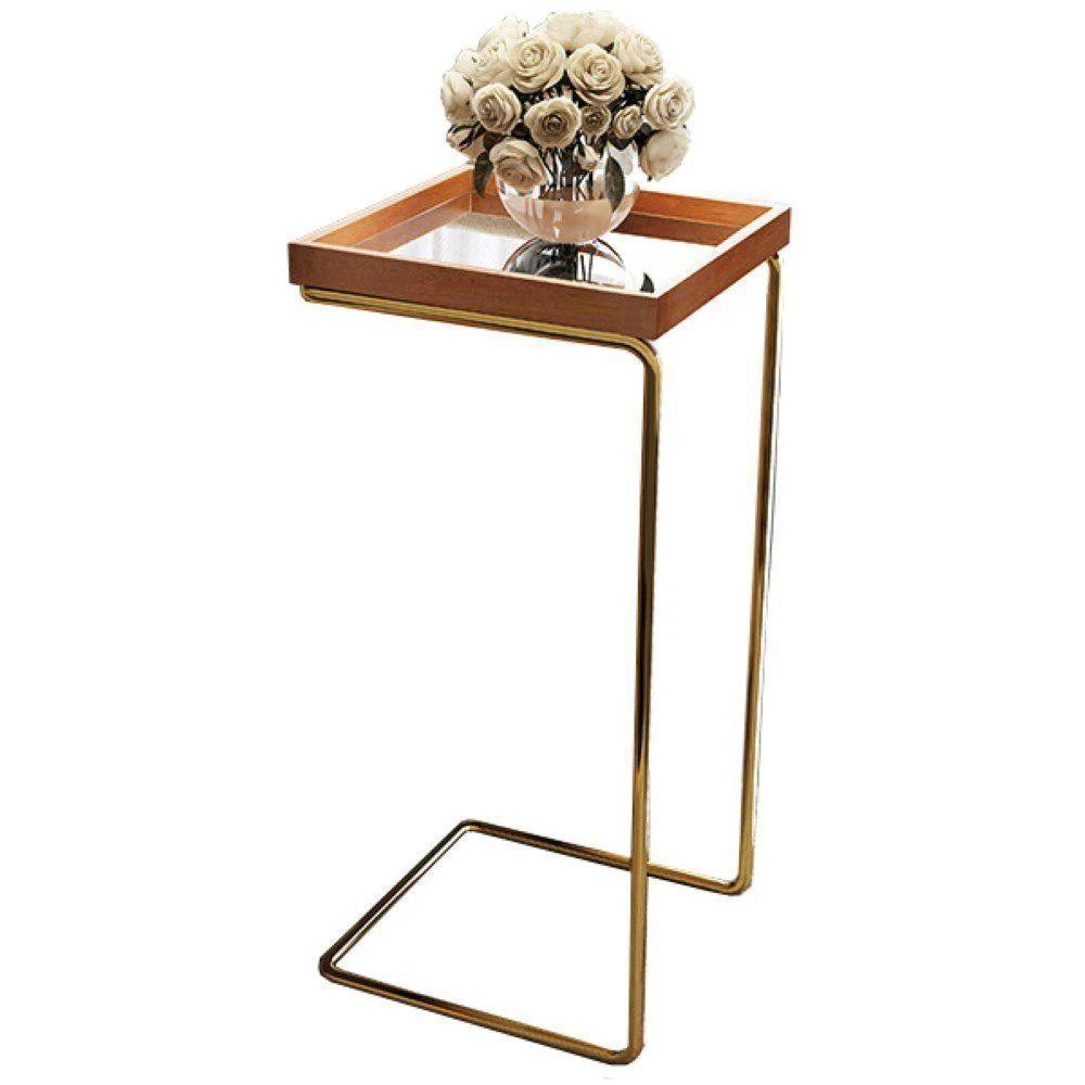 Mesa de Apoio p/ Sofá Bandeja Espelhada Base Dourada - 2