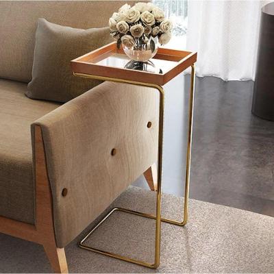 Mesa de Apoio p/ Sofá Bandeja Espelhada Base Dourada