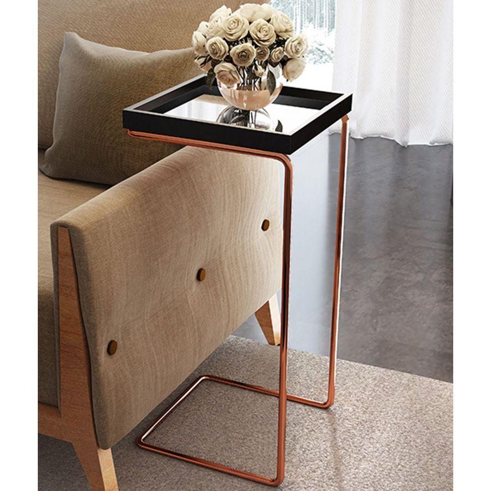 Mesa de Apoio p/ Sofá Bandeja Espelhada Laca Preta Base Bronze - 3