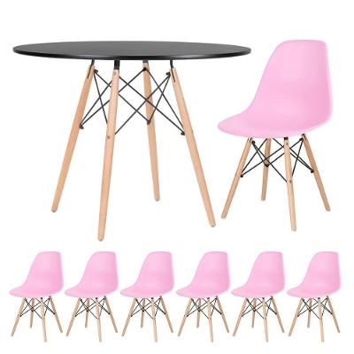 Mesa Redonda Eames 100cm Preto + 6 Cadeiras Rosa Claro