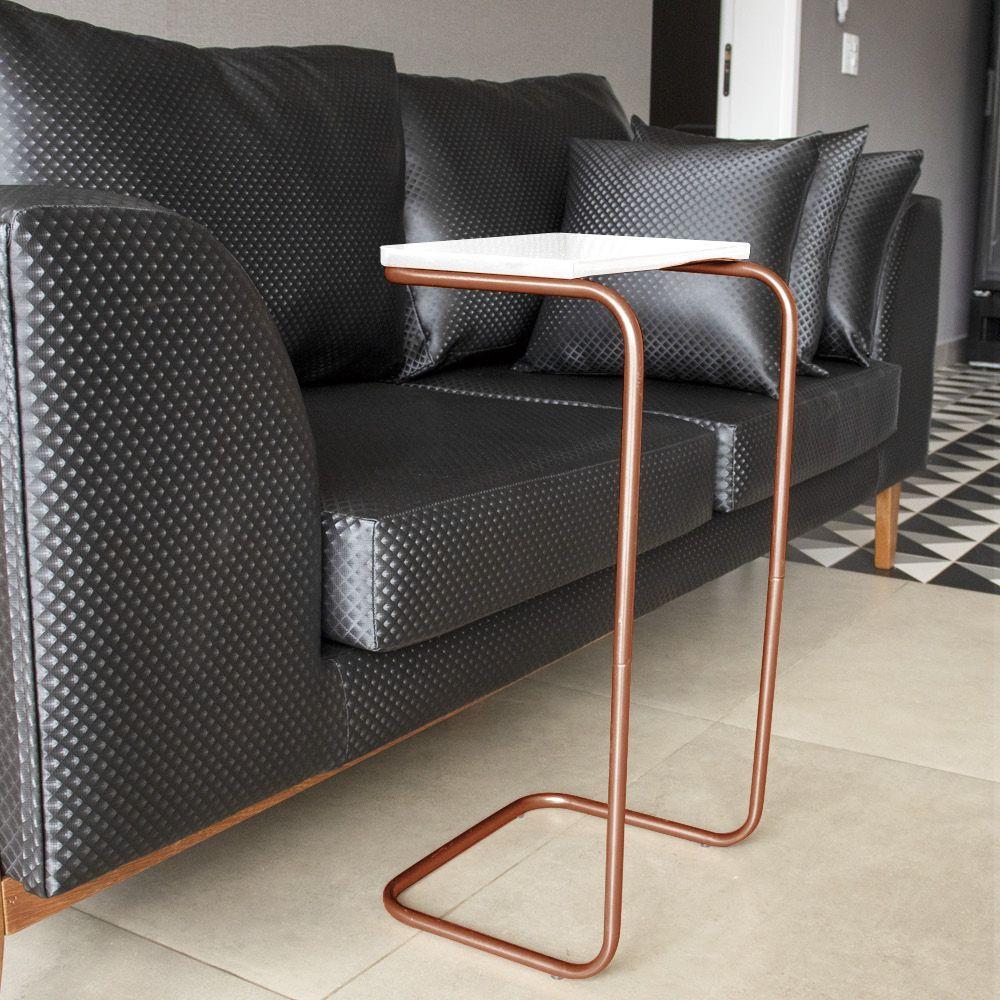 Mesa Lateral Tampo Multiuso P/ Sofá Base Bronze Branco - 7