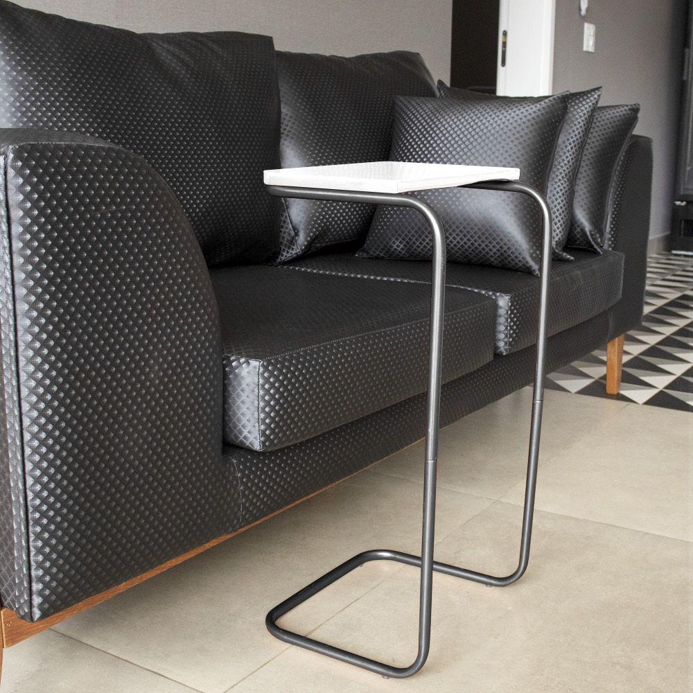Mesa Lateral Tampo Multiuso P/ Sofá Base Preto Branco - 3