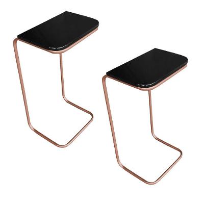 Kit 2 Mesas Lateral Tampo Preto Multiuso P/ Sofá Base Bronze