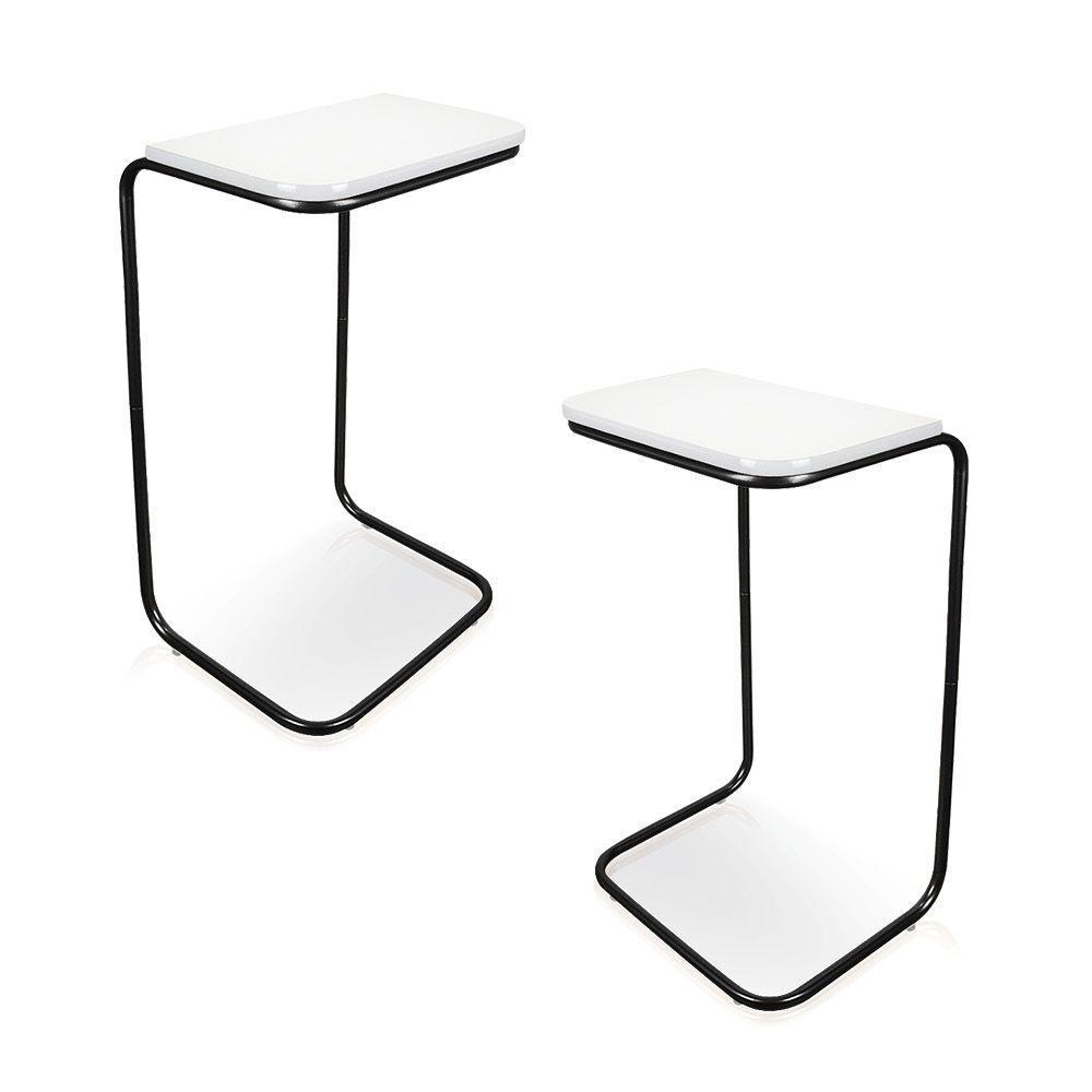 Kit 2 Mesas Lateral Tampo Multiuso P/ Sófá Base Preto Branco - 1