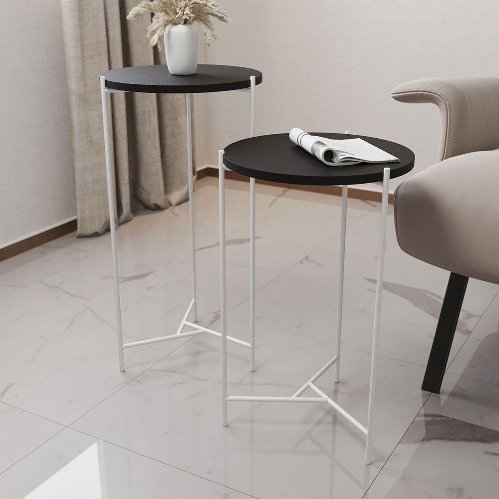 Mesa Lateral Redonda Áquila Branca E Tampo Preto - Preto - 1