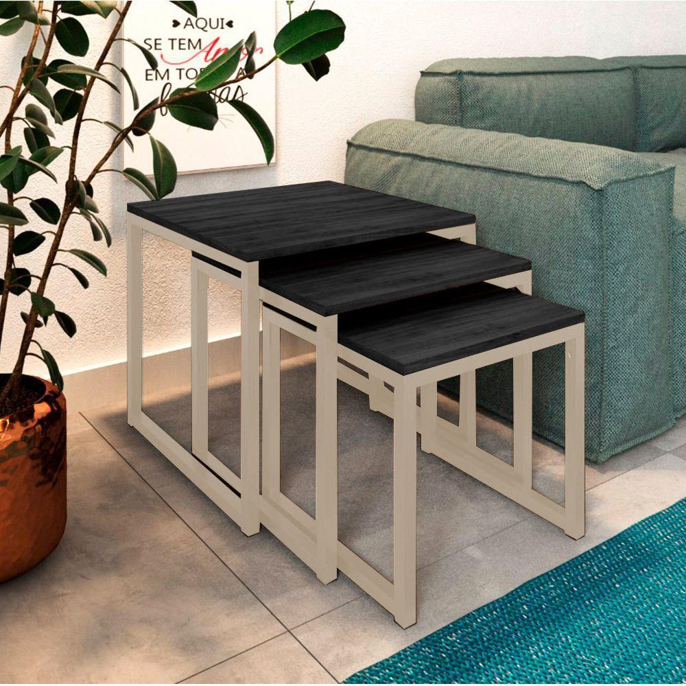 Trio Mesa Lateral Industrial Isabella Tampo Preto Base Ferro Off White - Preto - 1