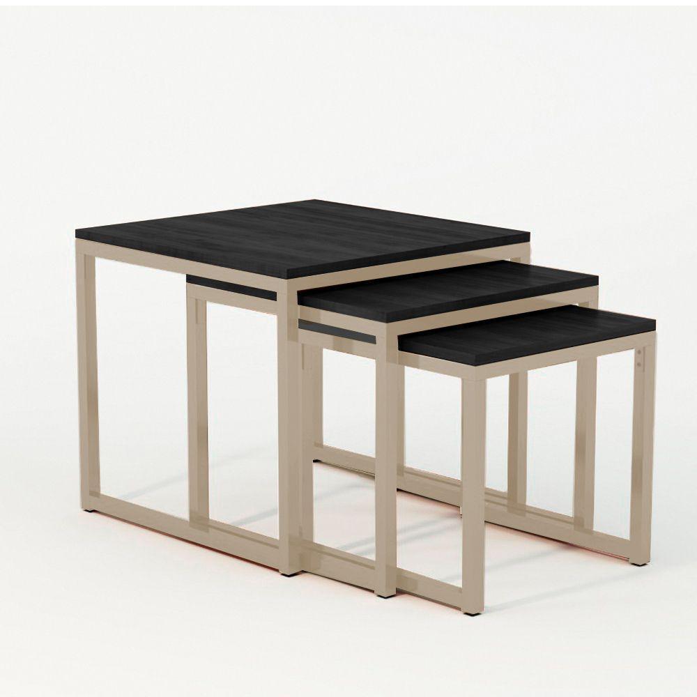 Trio Mesa Lateral Industrial Isabella Tampo Preto Base Ferro Off White - Preto - 3