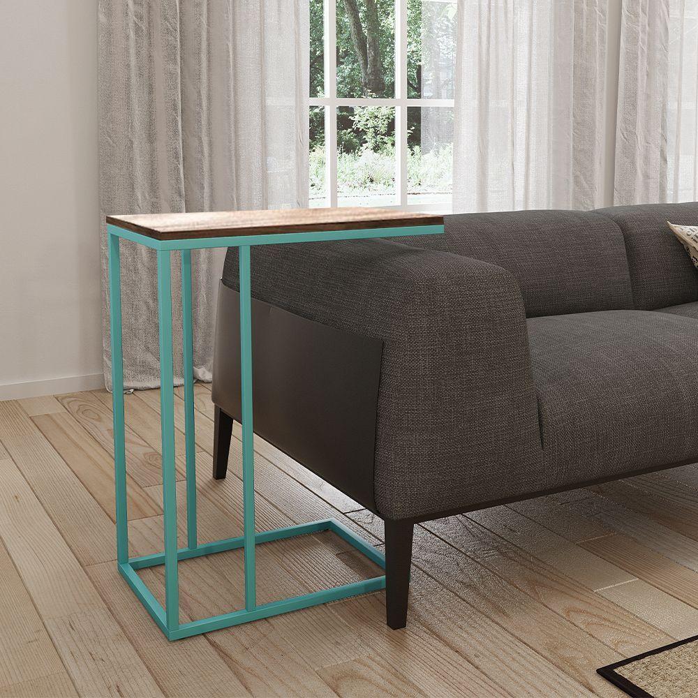 Mesa Lateral Industrial Elena Tampo Amendoa Base Ferro Azul Turquesa - Preto - 1
