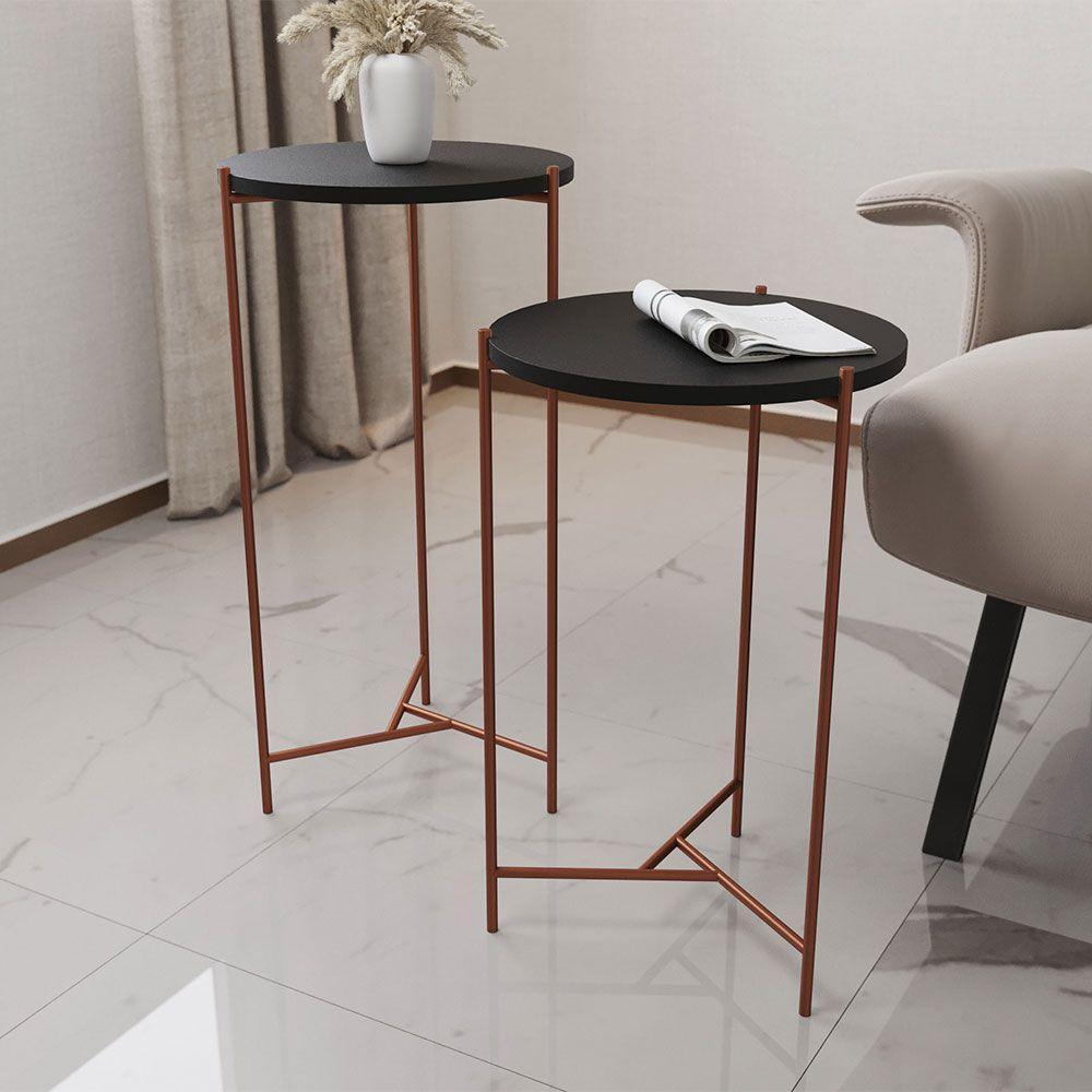 Mesa Lateral Redonda Áquila Cobre E Tampo Preto - Preto - 1