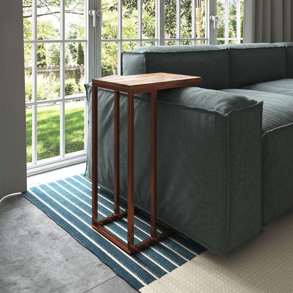 Mesa Lateral Encaixe Elena Cobre E Tampo Amendoa New Green - Marrom - 1