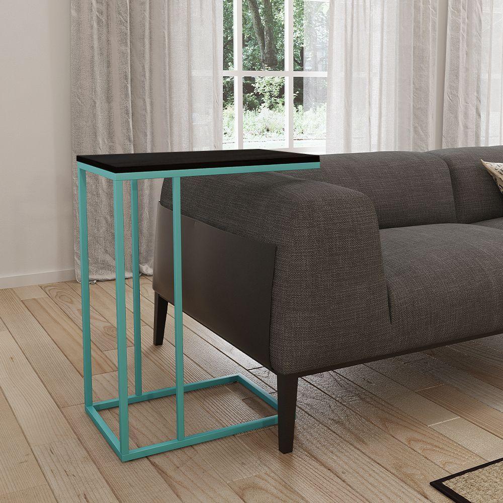 Mesa Lateral Industrial Elena Tampo Preto Base Ferro Azul Turquesa - Preto - 1