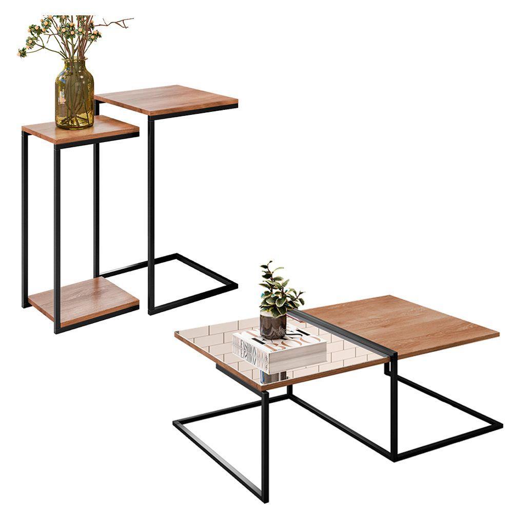 Kit Mesa Lateral e Mesa de Centro Industrial com Espelho - 1