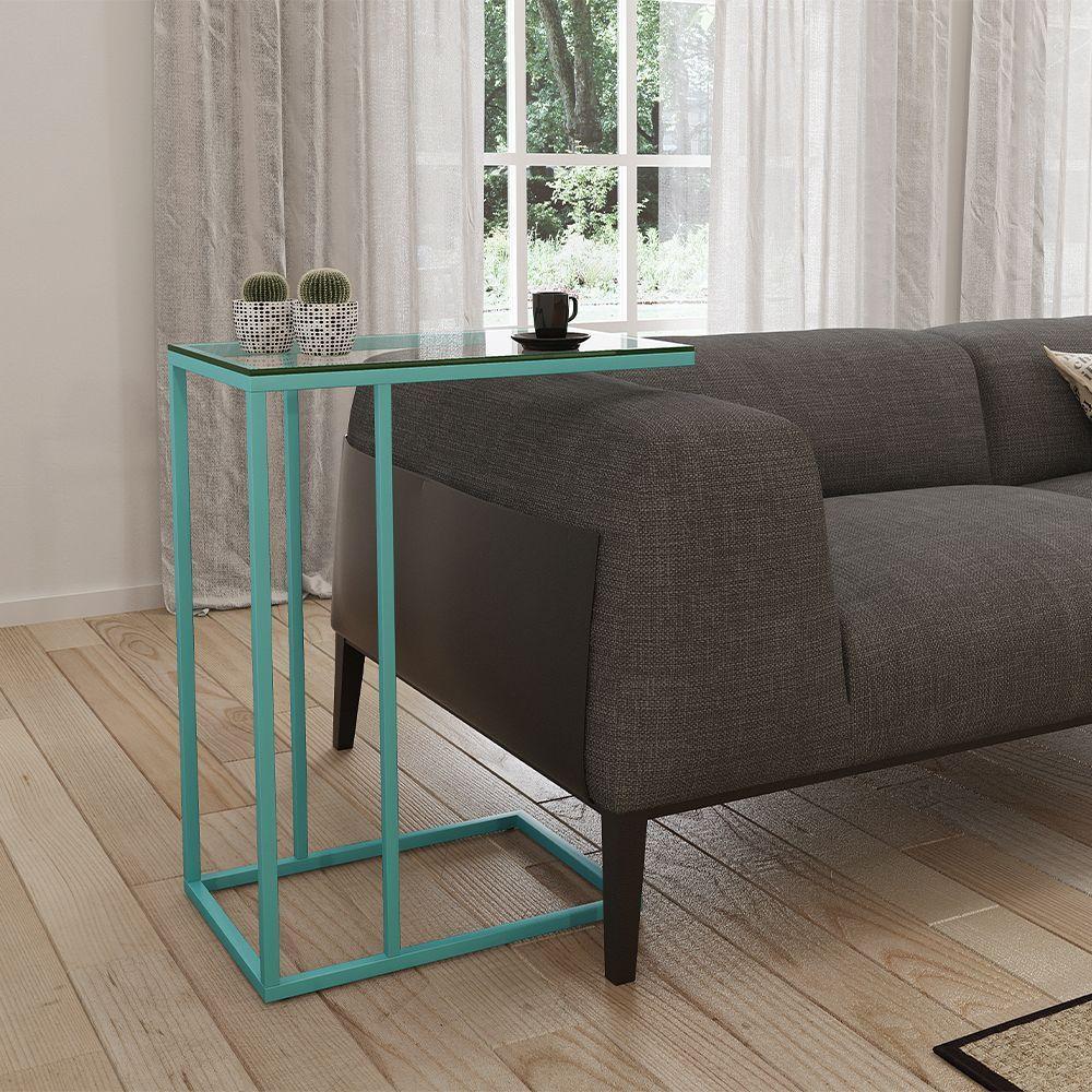 Mesa Lateral Industrial Elena De Vidro Base Ferro Azul Turquesa - Preto - 1