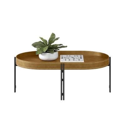 Mesa De Centro Decorativo Grimaldi Base Aço Com Detalhe Em Couro Caramelo/Preto G77
