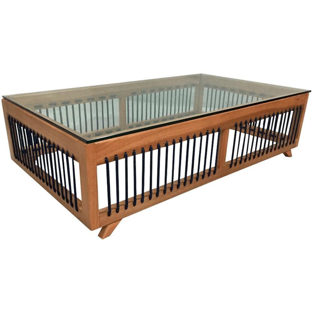 Mesa De Centro Saibi Ozki 150 Cm Madeira Eucalipto Cedro Corda Plana Azul E Tampo De Vidro - 6