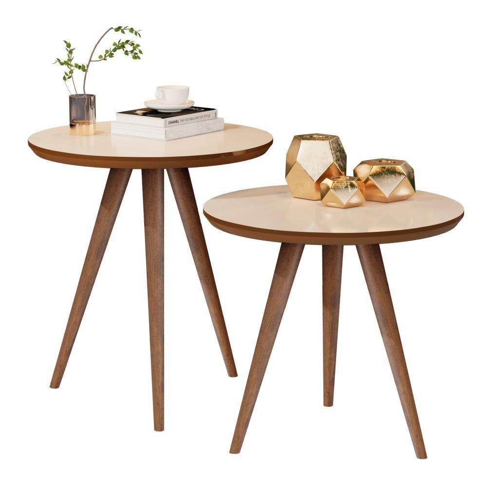 Conjunto Mesa Lateral E Apoio Sala De Estar Off White Freijó - 2