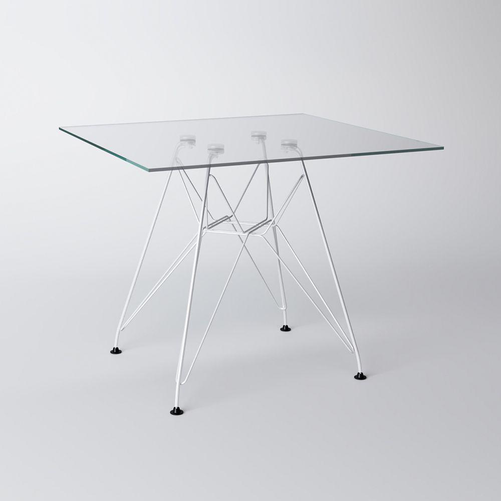 Mesa Eiffel Quadrada 90Cm Tampo De Vidro Com Base De Ferro Branco - 2