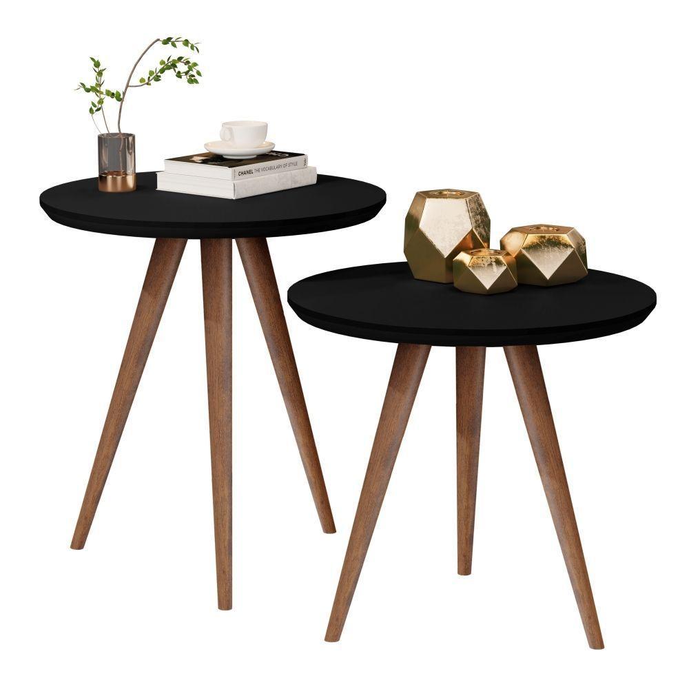 Conjunto 2 Mesas De Canto Sala Mdf Pés Palito Preto Fosco - 2