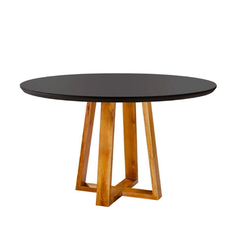 Mesa De Jantar Redonda 120Cm Madeira Maciça E Tampo Com Vidro Preto Stellar Mel/Preto Stellar - 1