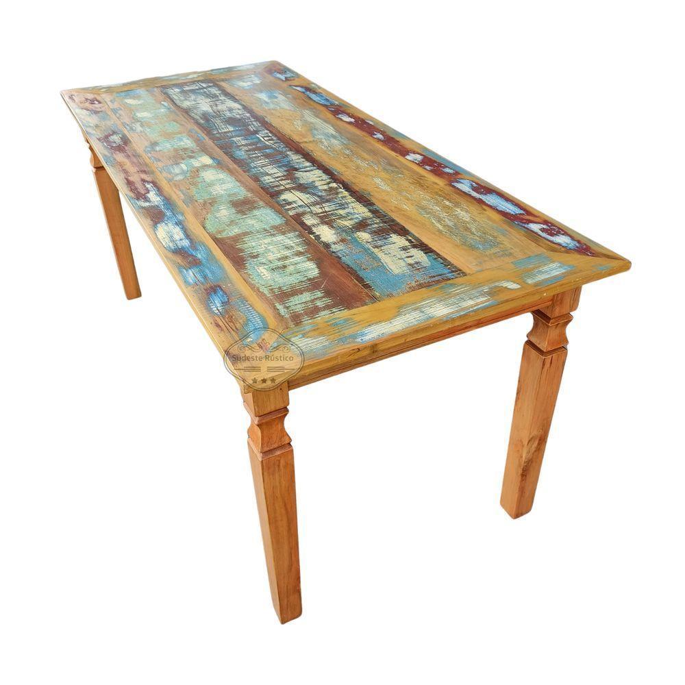 Mesa Em Madeira 180 X 80 Com Tinta Pátina Em Demolição Sudeste Rústico - 7