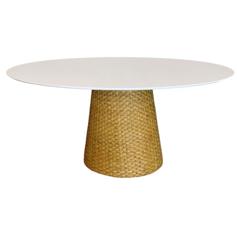Mesa De Jantar Cone Oval 120x80 Cm Tampo Laca Branca Base Fibra Natural Cor Amarelo - 1