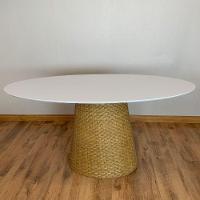 Mesa De Jantar Cone Oval 120x80 Cm Tampo Laca Branca Base Fibra Natural Cor Amarelo