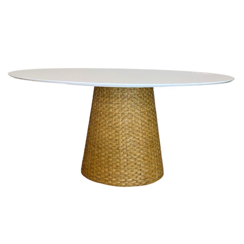 Mesa De Jantar Cone Oval 198x122 Cm Tampo Laca Branca Base Fibra Natural Cor Amarelo - 4