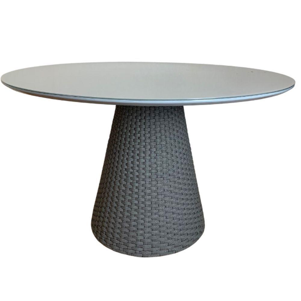 Mesa De Jantar Cone Redonda 80 Cm Tampo Laqueado Cinza + Vidro Base Corda Náutica Cinza Cor Cinza - 1