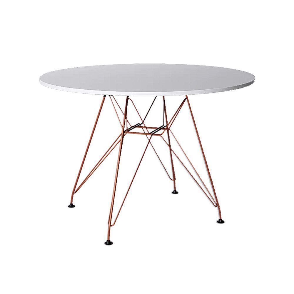 Mesa Eiffel Redonda 90Cm Tampo De Madeira Branco Com Base De Ferro Cobre - 1