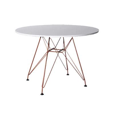 Mesa Eiffel Redonda 90Cm Tampo De Madeira Branco Com Base De Ferro Cobre