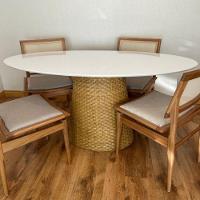 Mesa De Jantar Cone Oval 180x100 Cm Tampo Laca Branca Base Fibra Natural Cor Mocassim